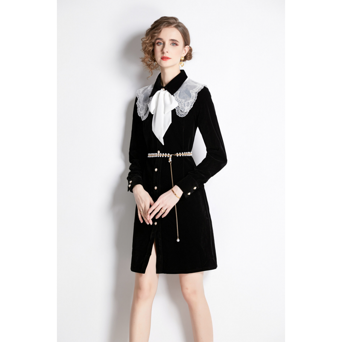 Robe à manches longues 'Velvet  Embroidered Collar Button-Up' pour Femmes