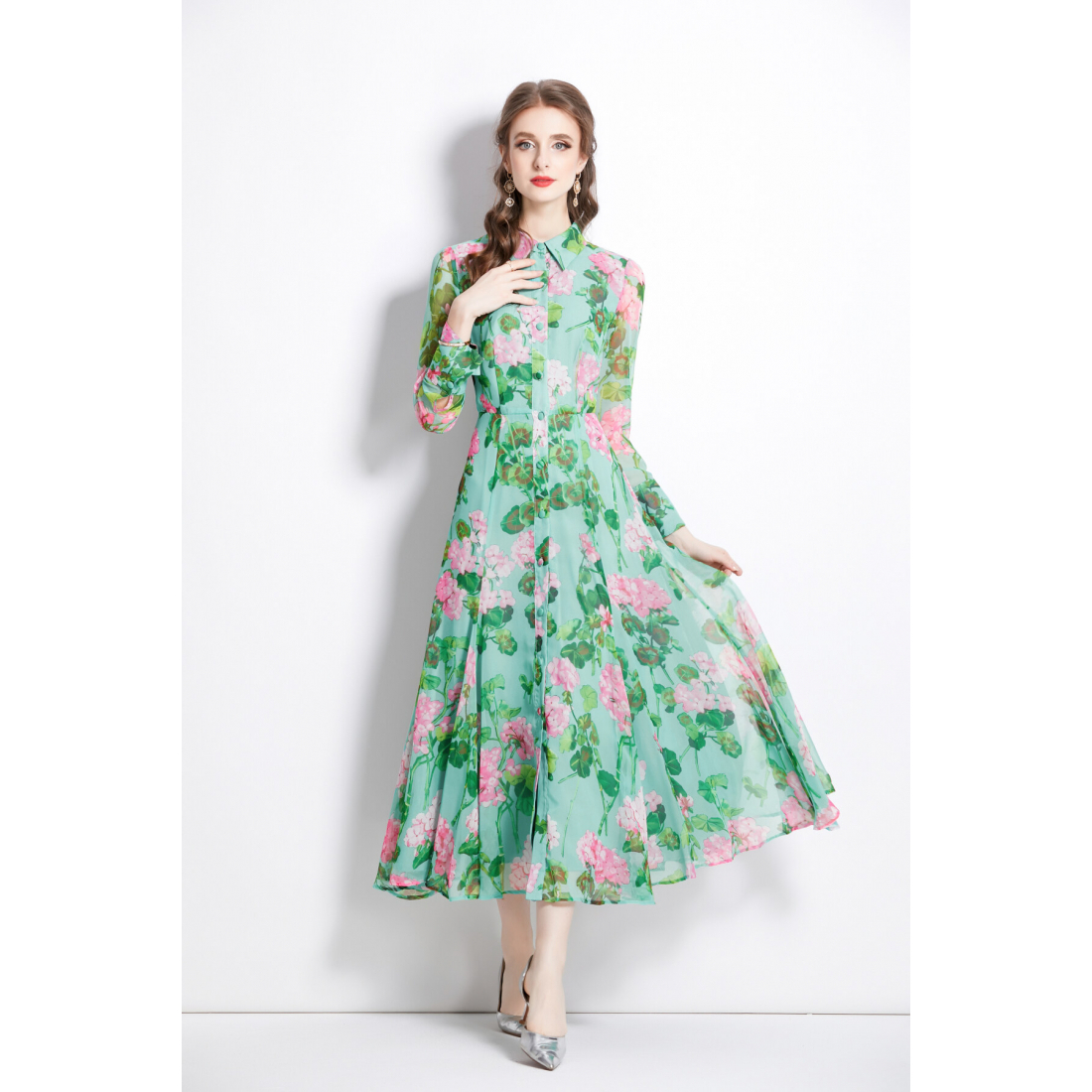 Robe T-shirt 'Floral Flared Waist-Cinching Long-Sleeve' pour Femmes