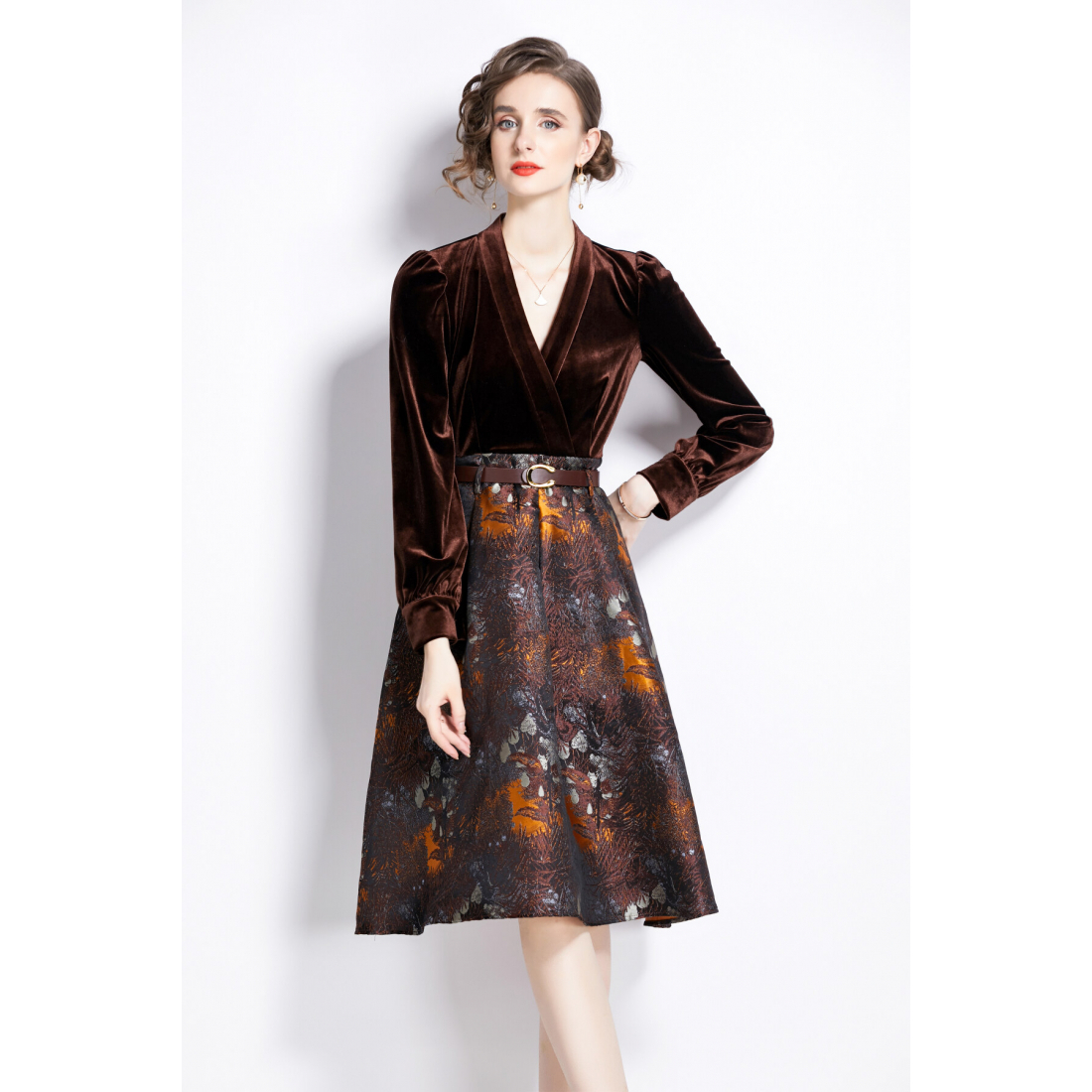 Robe A-line 'V-Neck Velvet Patchwork Jacquard' pour Femmes