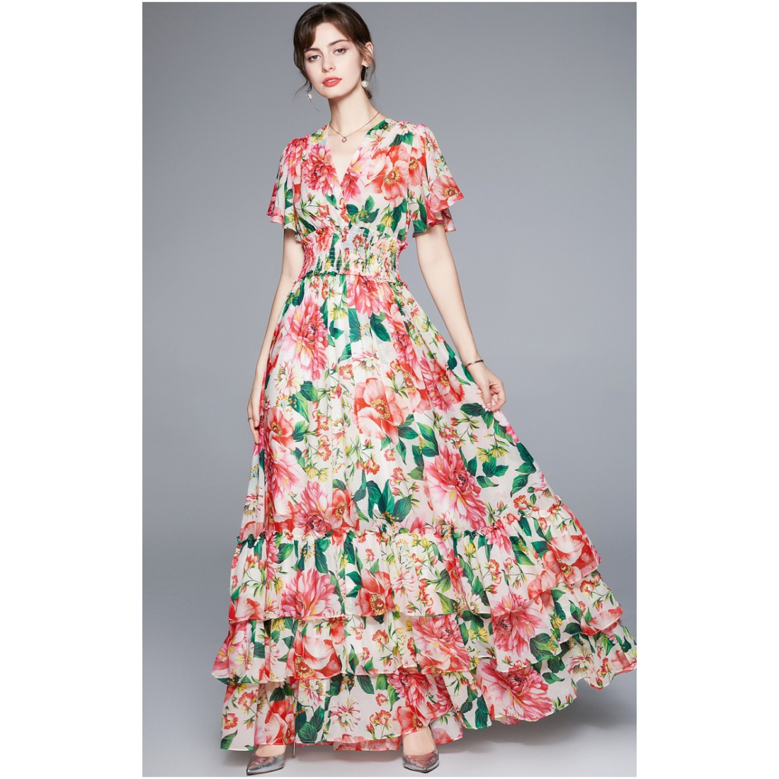 Robe maxi 'V-Neck Ruffled Stretch Waist Floral' pour Femmes
