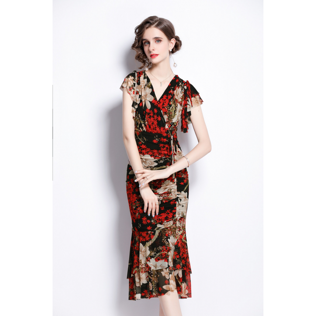  Robe fourreau 'V-Neck Ruffled Stretch Waist Ruched Mesh Floral' pour Femmes