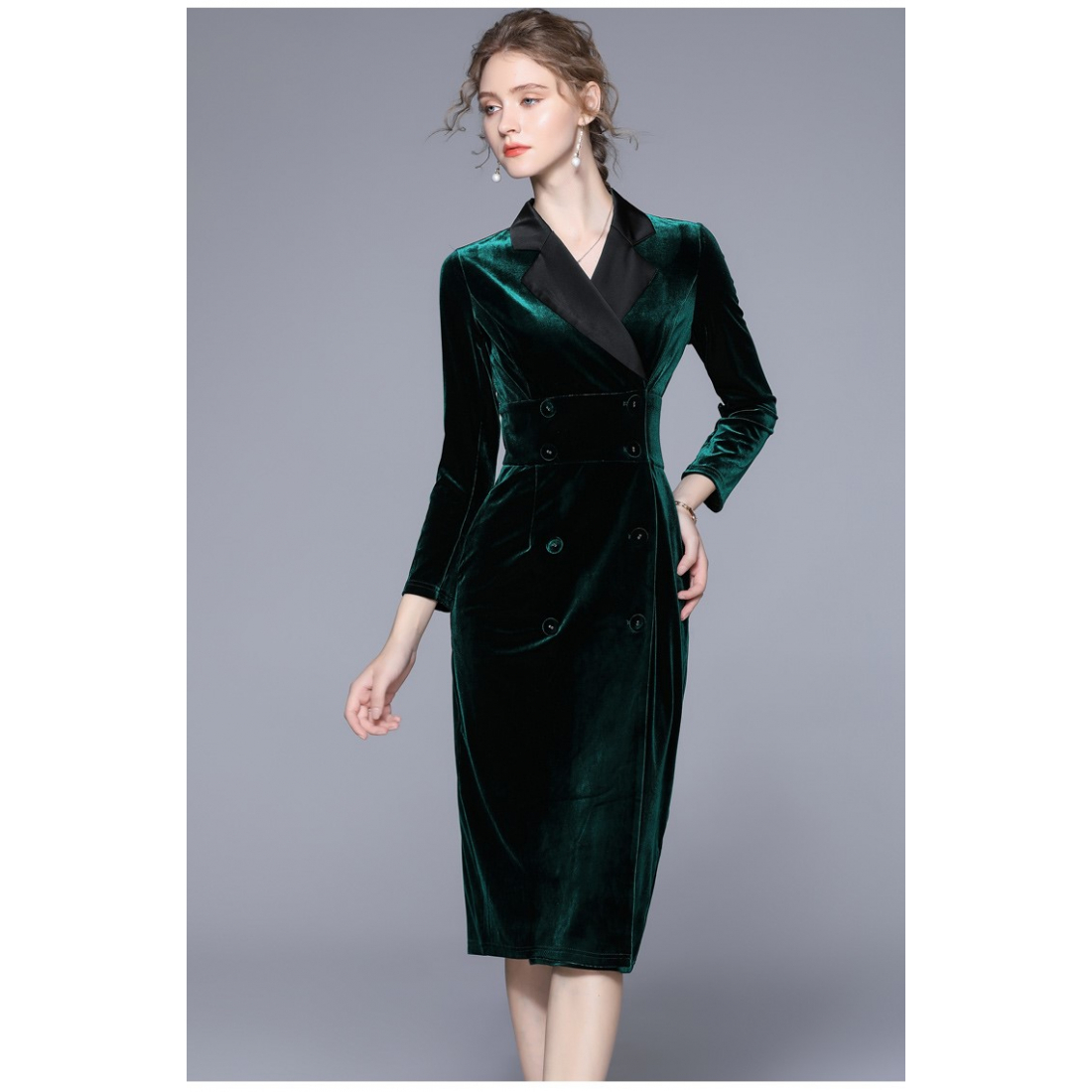 Robe Midi 'Velvet Green Slim-Fit Waist-Cinching Pencil' pour Femmes