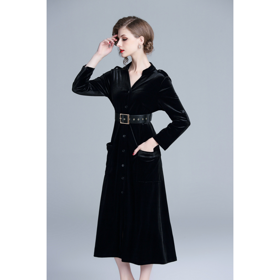 Robe Midi 'Classic Belted Velvet Long-Sleeve' pour Femmes