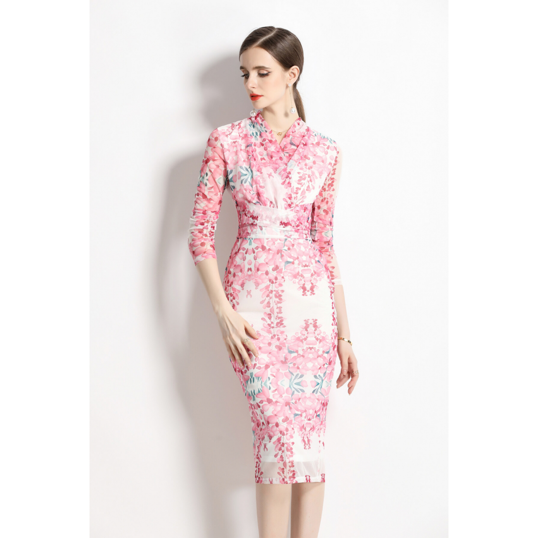 Robe Midi 'V-Neck Tie-Waist Slim Fit Floral' pour Femmes