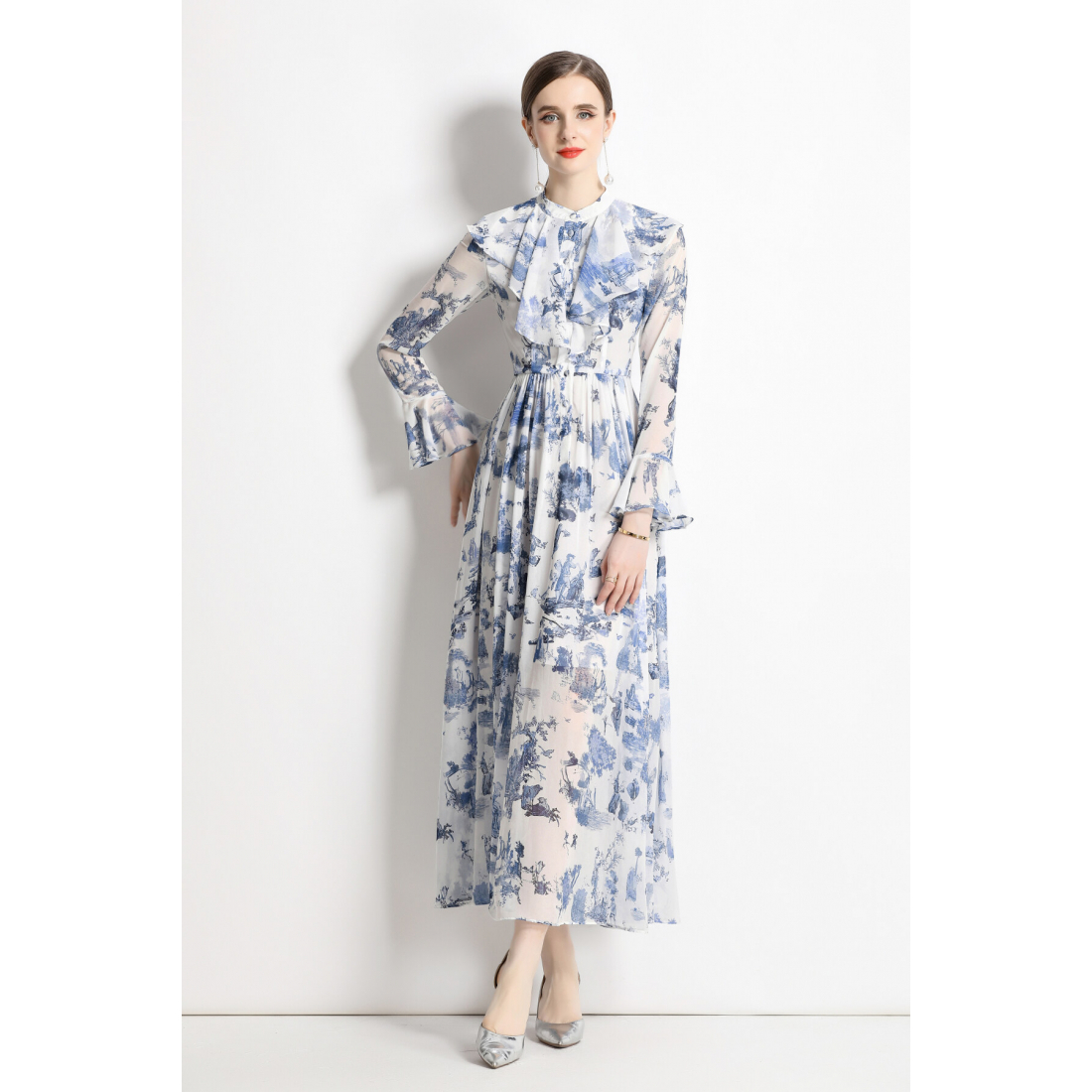 Robe T-shirt 'Stand Collar Ink-Style Floral Slim Fit Long Sleeve' pour Femmes