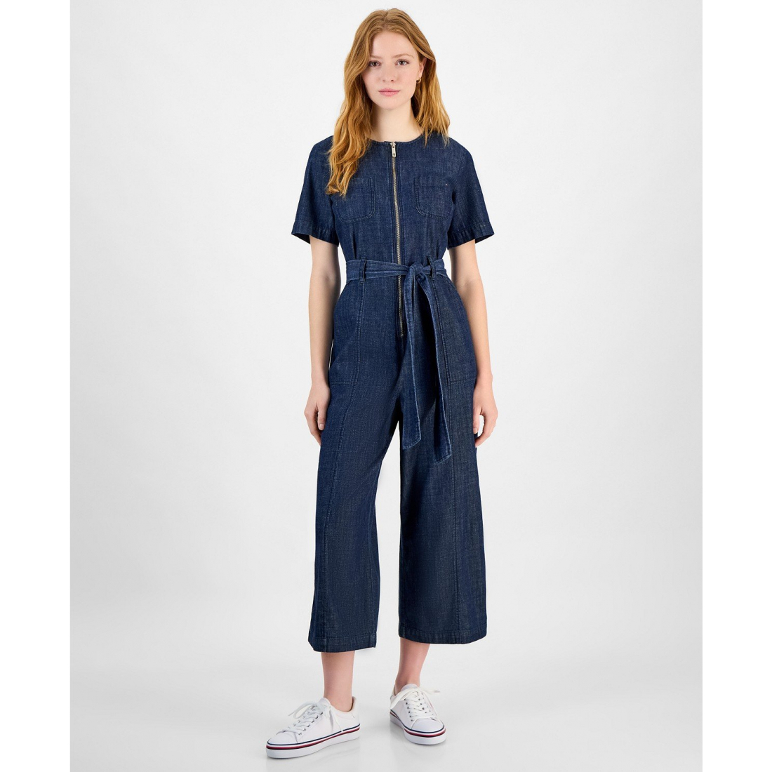 'Denim Zip-Front Belted Jumpsuit' pour Femmes