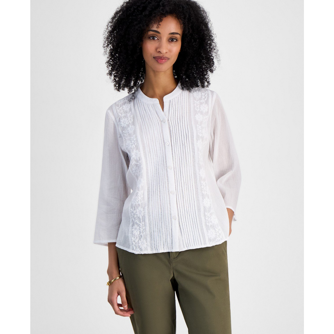 'Embroidered Gauzy Pintucked Cotton Top' pour Femmes