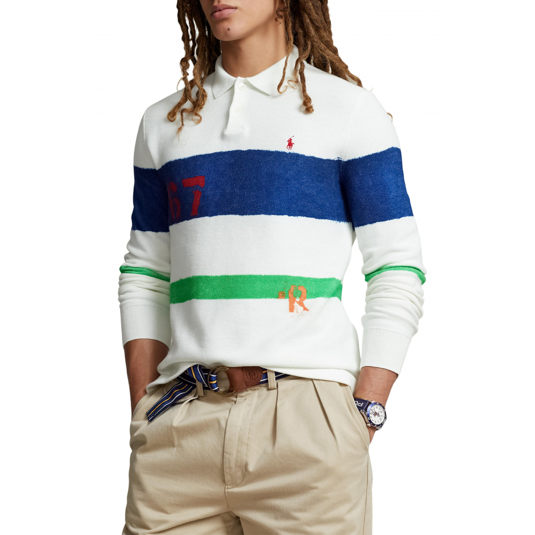 Men's 'Stripe Cotton Mesh Knit Polo Sweater'