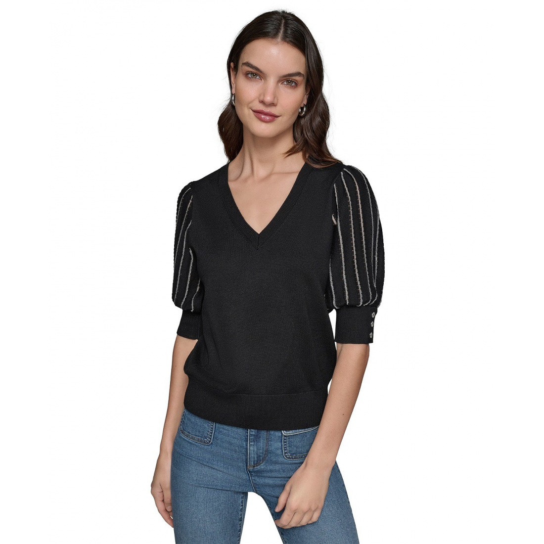 Pull 'Puffed-Sleeve V-Neck' pour Femmes