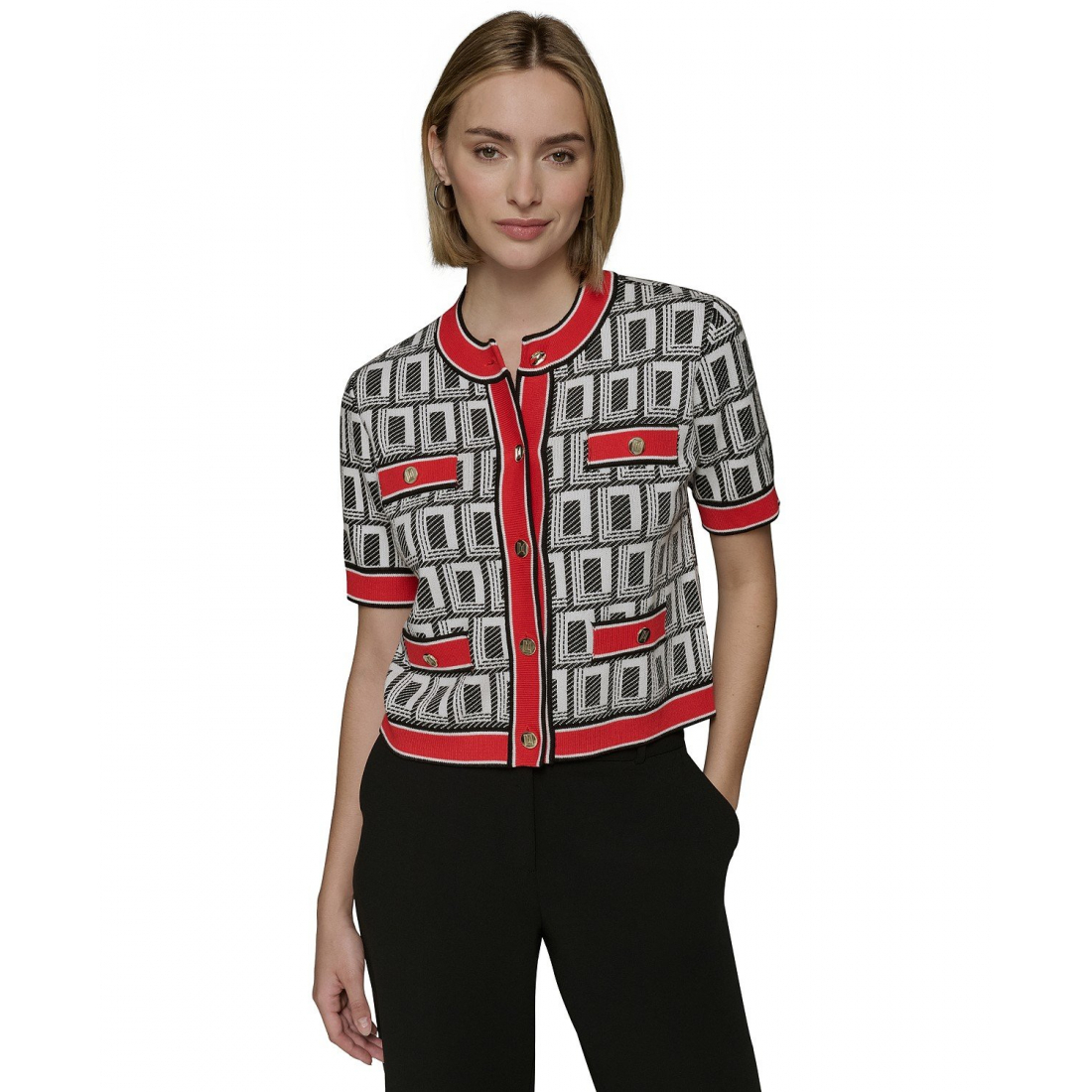 'Geo-Print Four-Pocket Short-Sleeve Cardigan' pour Femmes