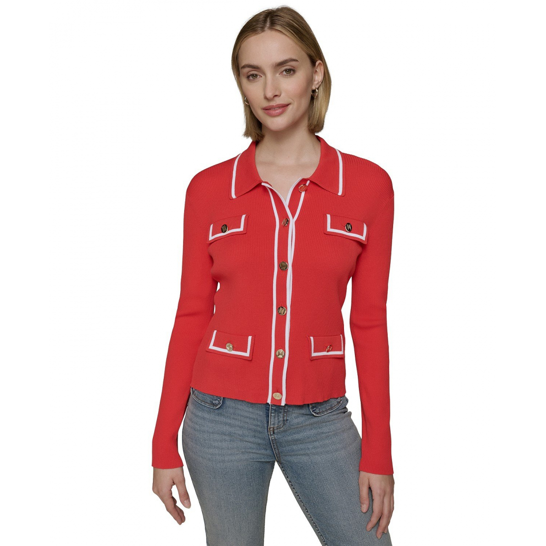 'Contrast-Trim Four-Pocket Cardigan' pour Femmes