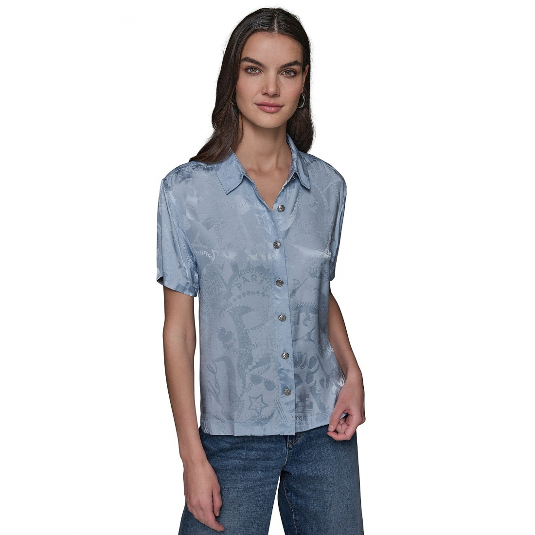 'Short Sleeve Jacquard Button Front Top' pour Femmes