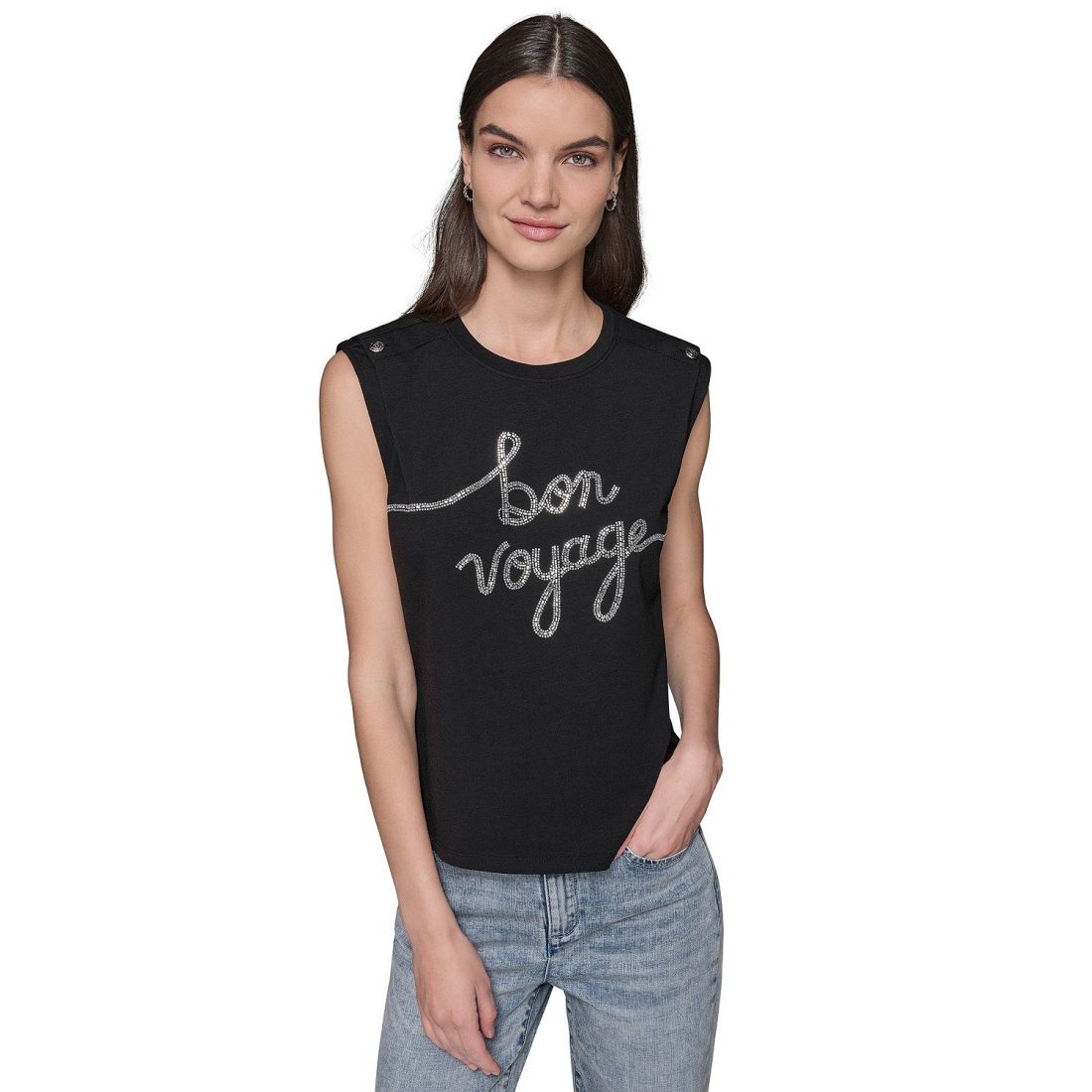 'Embellished Sleeveless Button-Shoulder Tee' pour Femmes