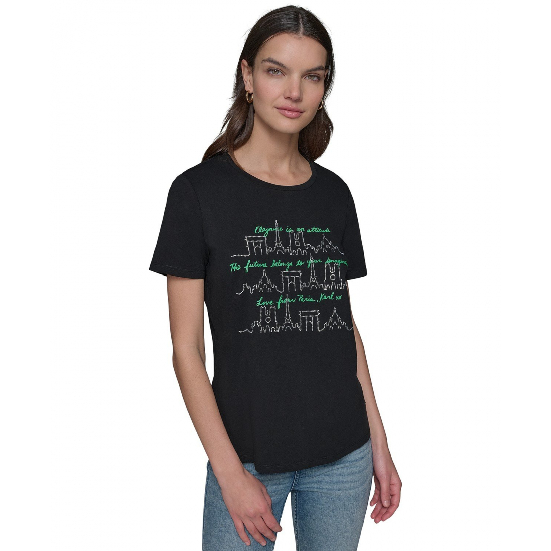 'Rhinestone Paris Skyline Graphic T-Shirt' pour Femmes