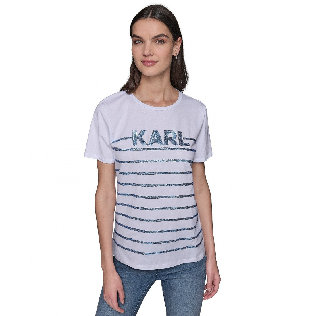 'Embellished Stripe Crewneck Tee' pour Femmes