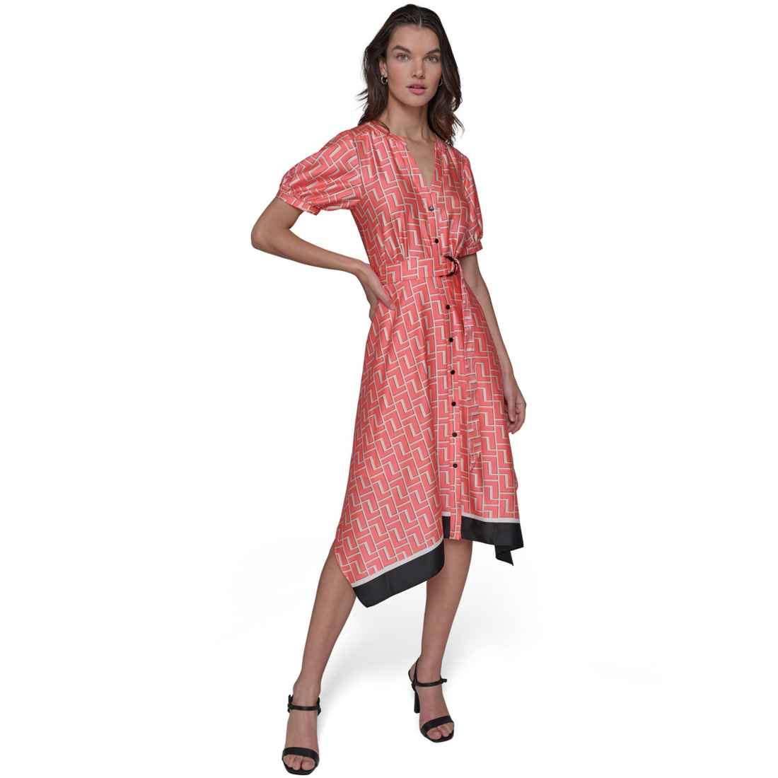 'Geo Printed Satin Midi Dress with Handkerchief Hem' pour Femmes