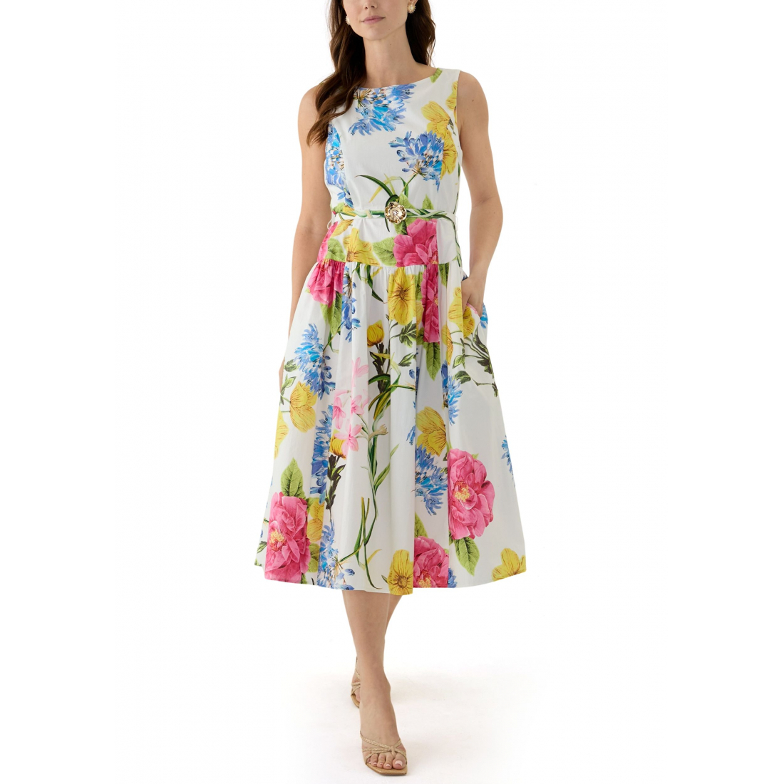'Sleeveless Printed Cotton Floral Full Midi Skirt with Flower Bel' pour Femmes