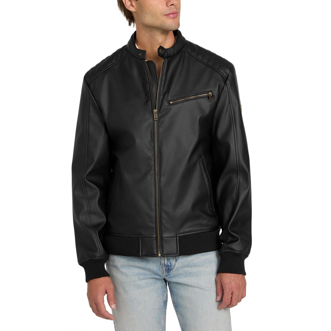 Veste en cuir 'Stretch Faux Leather Snap Collar Moto' pour Hommes