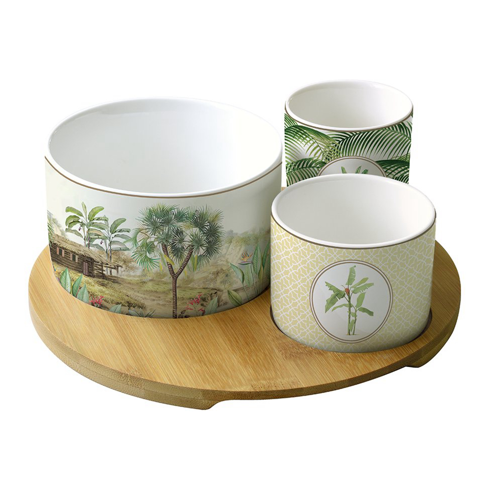 Rundes Bambus-Aperitif-Set Mit 3 Porzellanschalen In Farbiger Geschenkbox Ceylon