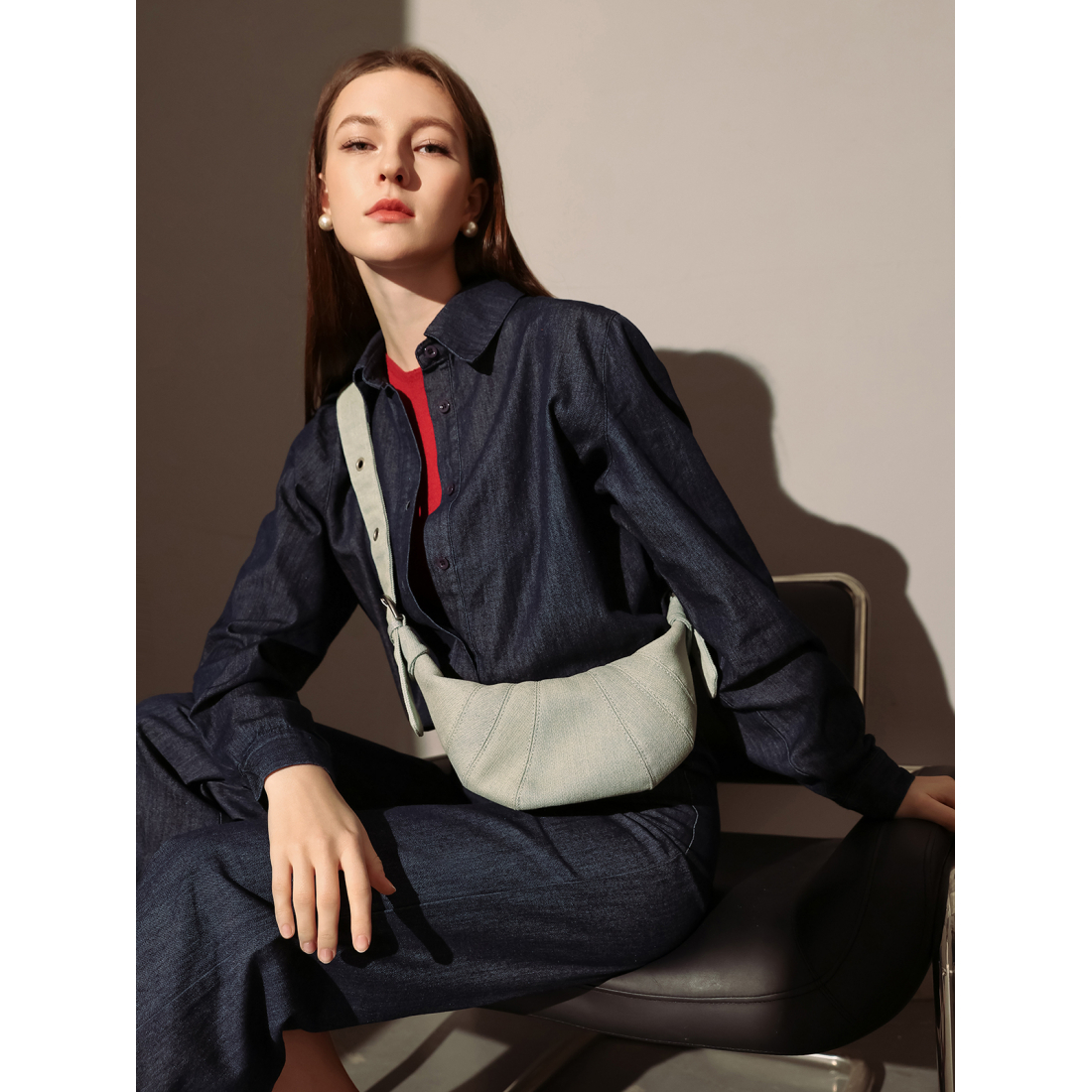 Women's 'Understated Denim Croissant Mini' Shoulder Bag