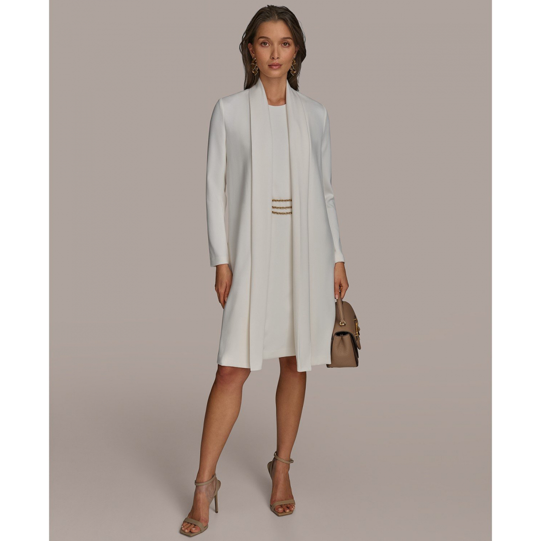 Set 'Shawl-Collar Chain Trim Jacket & Dress' pour Femmes