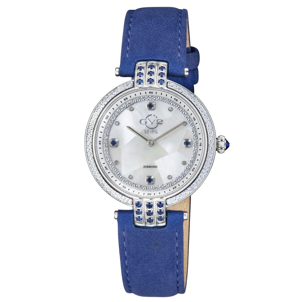 GV2 Matera Women's Swiss Quartz White Mother of Pearl Dial Blue Suede Strap Diamond Watch