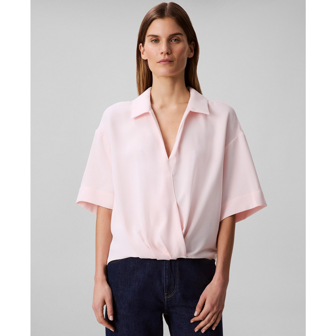Top à manches courtes 'Collared Draped Faux-Wrap' pour Femmes