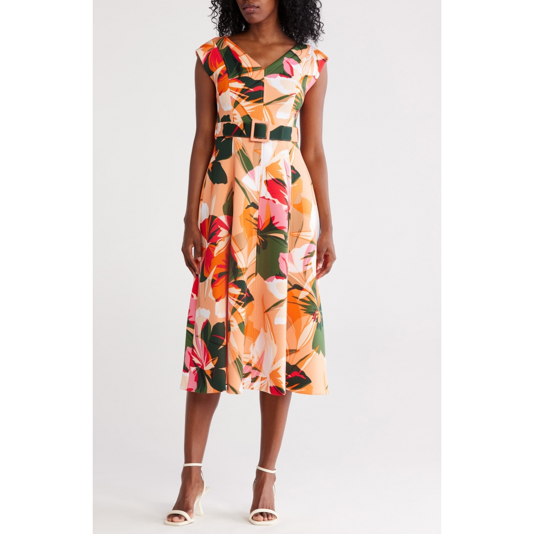 Robe Midi 'Tropical Floral V-Neck Belt' pour Femmes