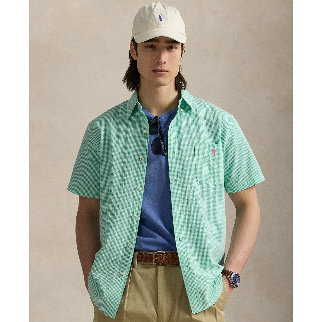 Chemise à manches courtes 'RL Prepster Classic-Fit Checked Seersucker' pour Hommes