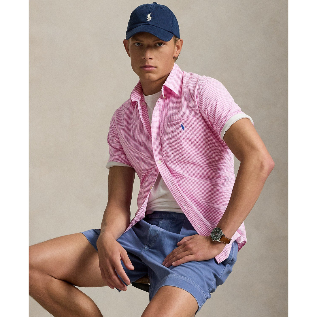 Chemise à manches courtes 'RL Prepster Classic-Fit Checked Seersucker' pour Hommes