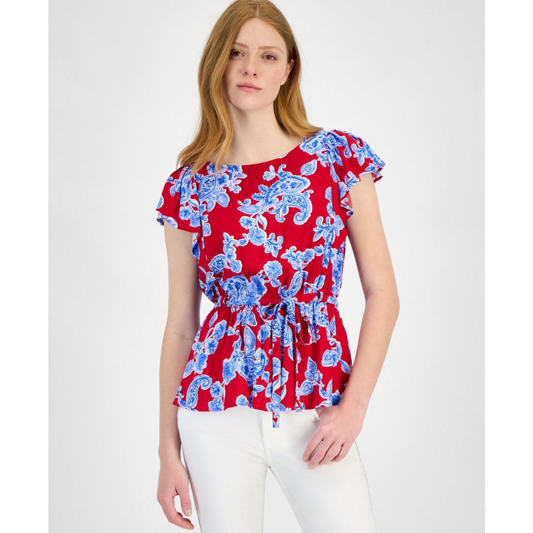 Top 'Printed Ruffled-Sleeve Peplum' pour Femmes