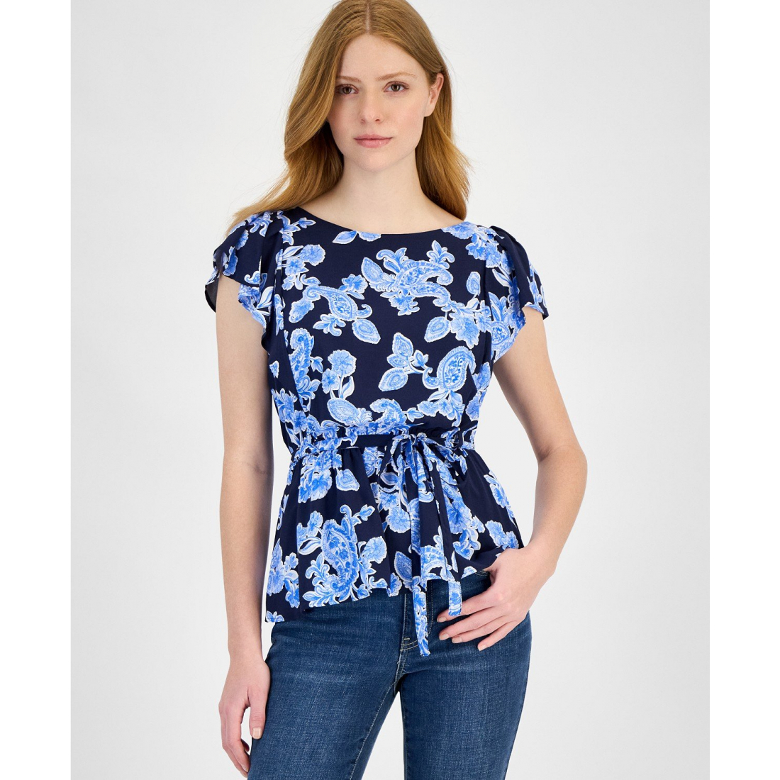 Top 'Printed Ruffled-Sleeve Peplum' pour Femmes