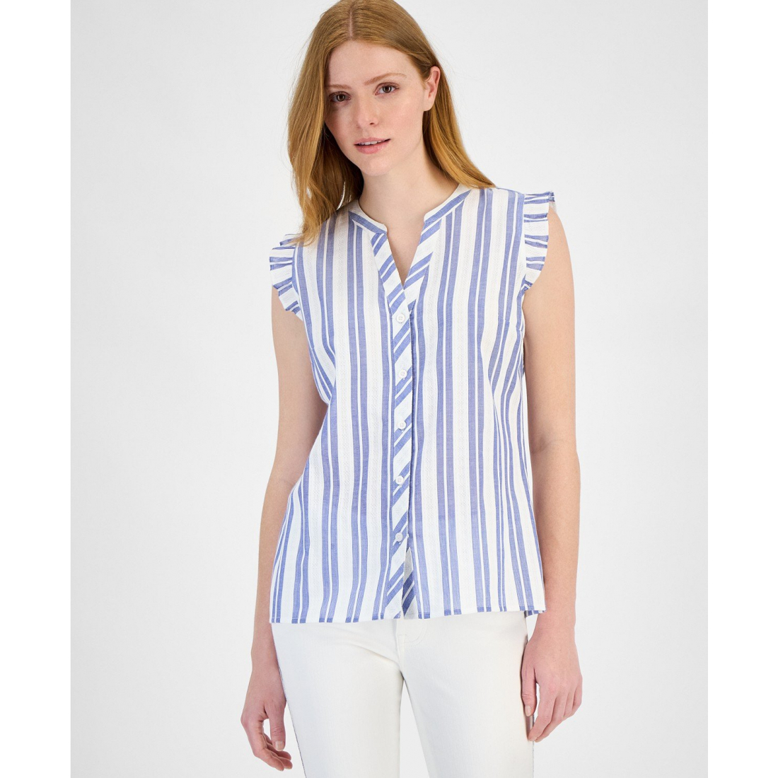 Chemise 'Cotton Textured-Stripe Ruffled' pour Femmes