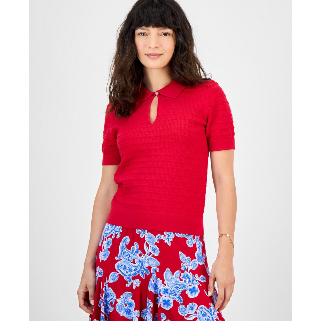 Polo 'Cotton Scalloped-Stripe Keyhole' pour Femmes