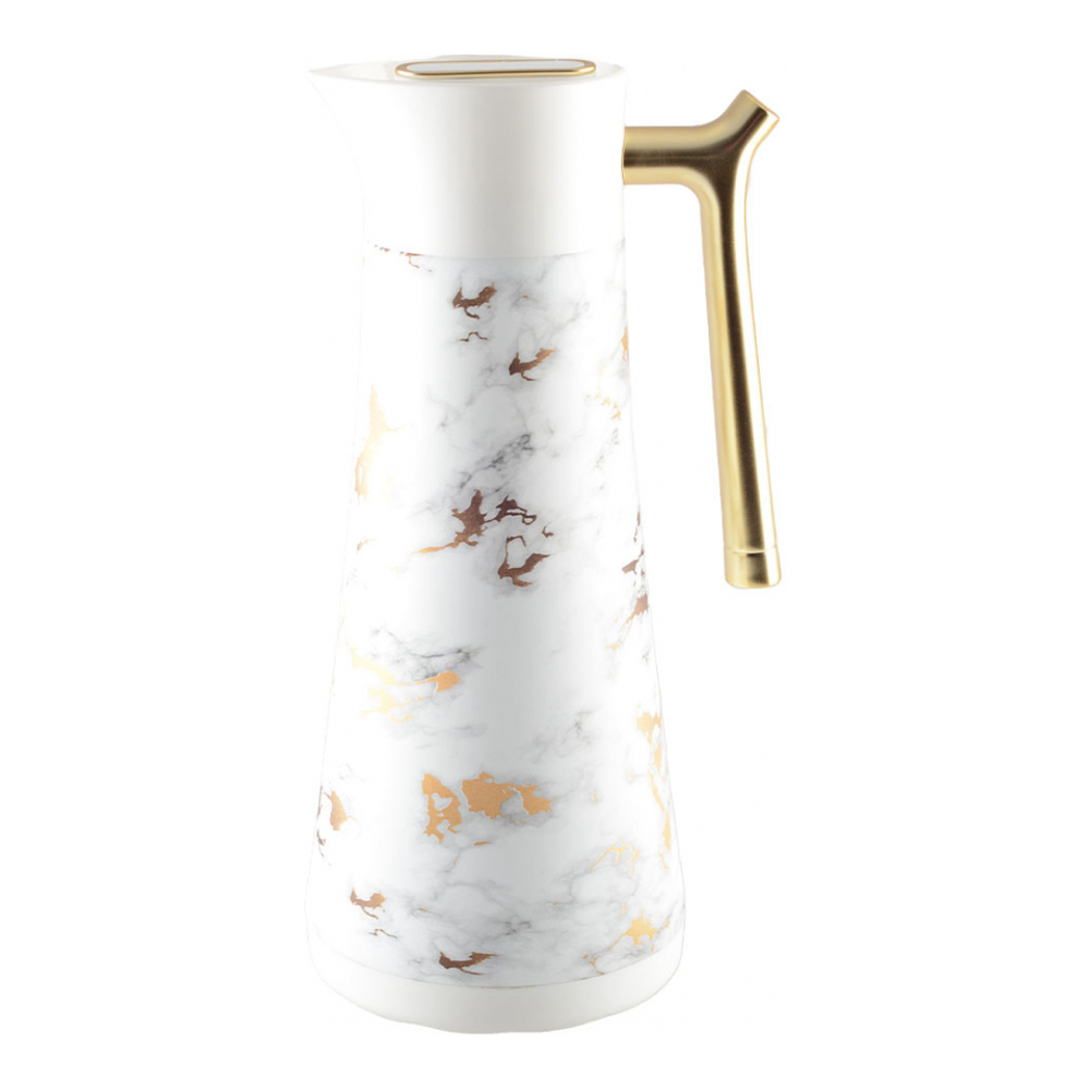 Weiße und graue Thermoskanne mit goldenen Griffen, 1 Liter