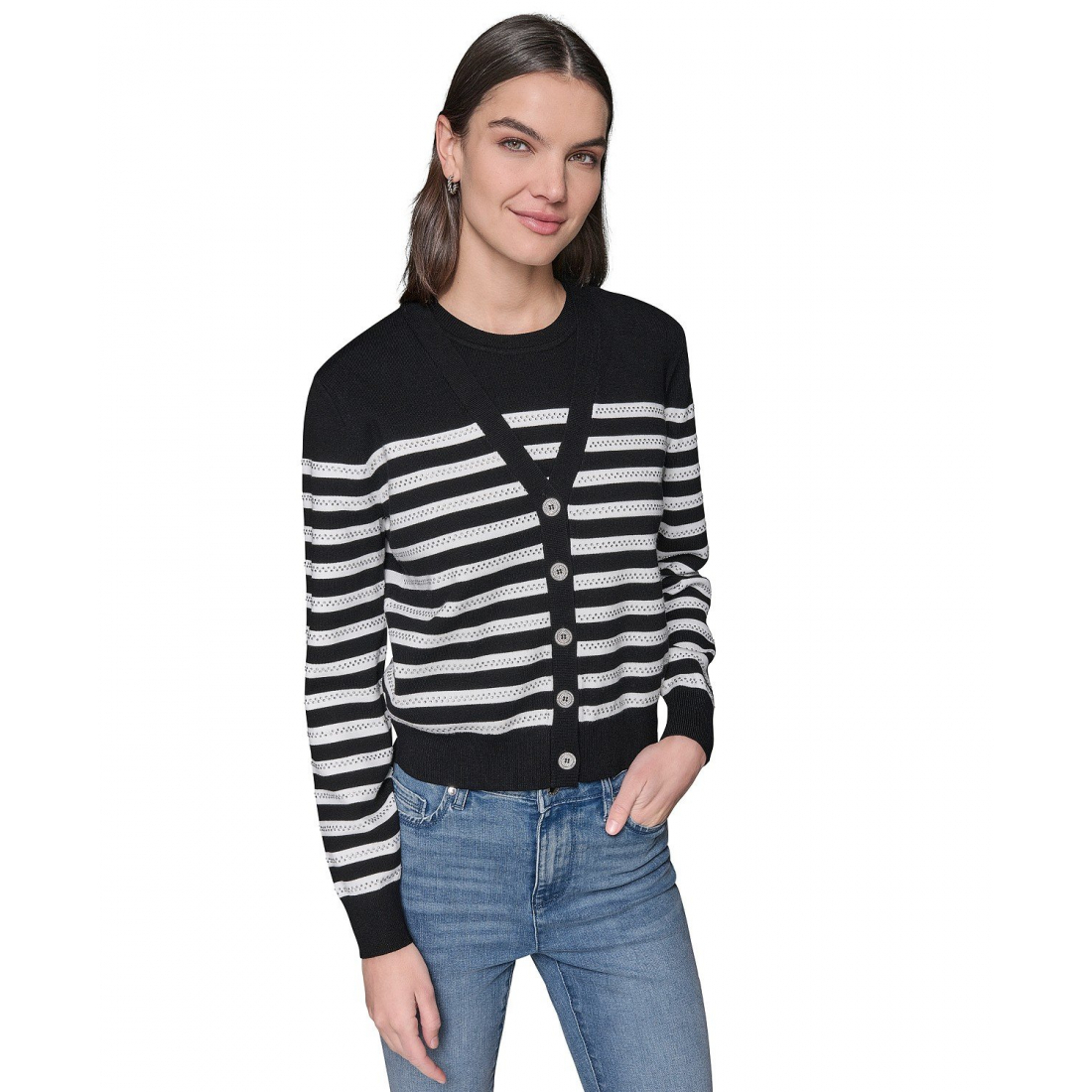 Women's 'Striped Crystal-Button' Cardigan