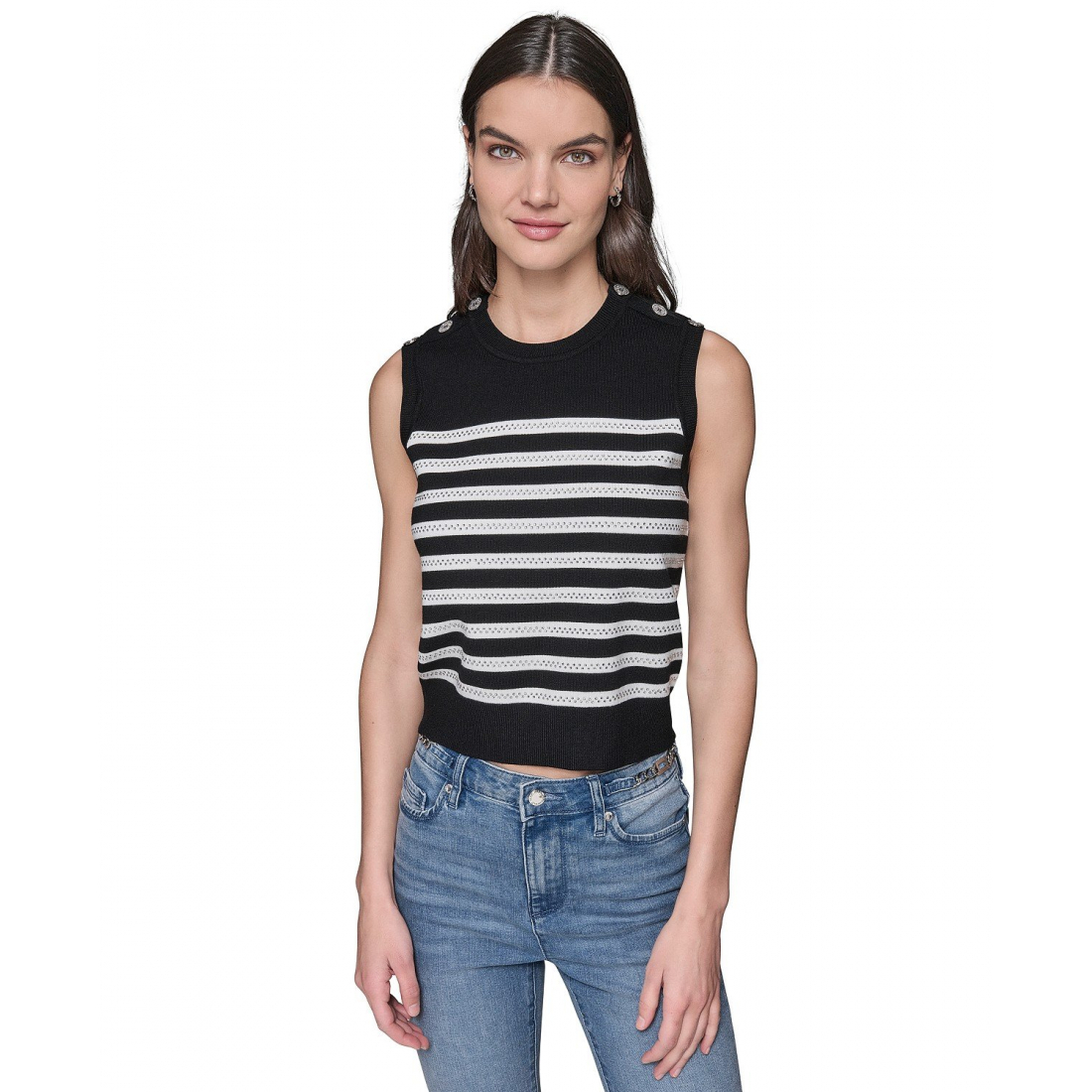 Women's 'Striped Crystal-Button' Sleeveless Sweater