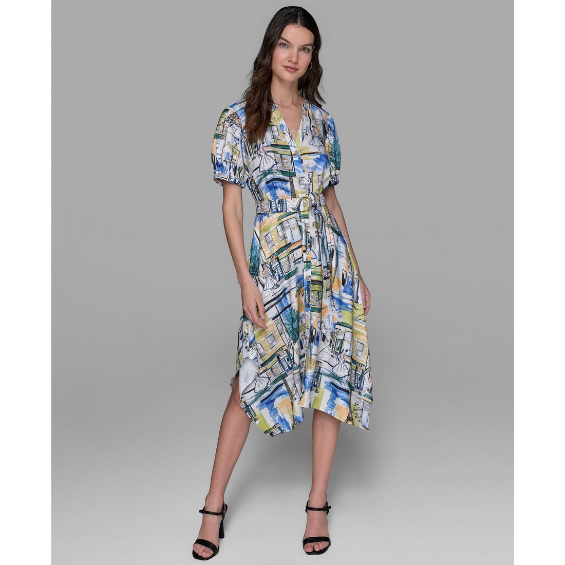 Robe chemise 'Printed Paris Scene Belted High-Low' pour Femmes
