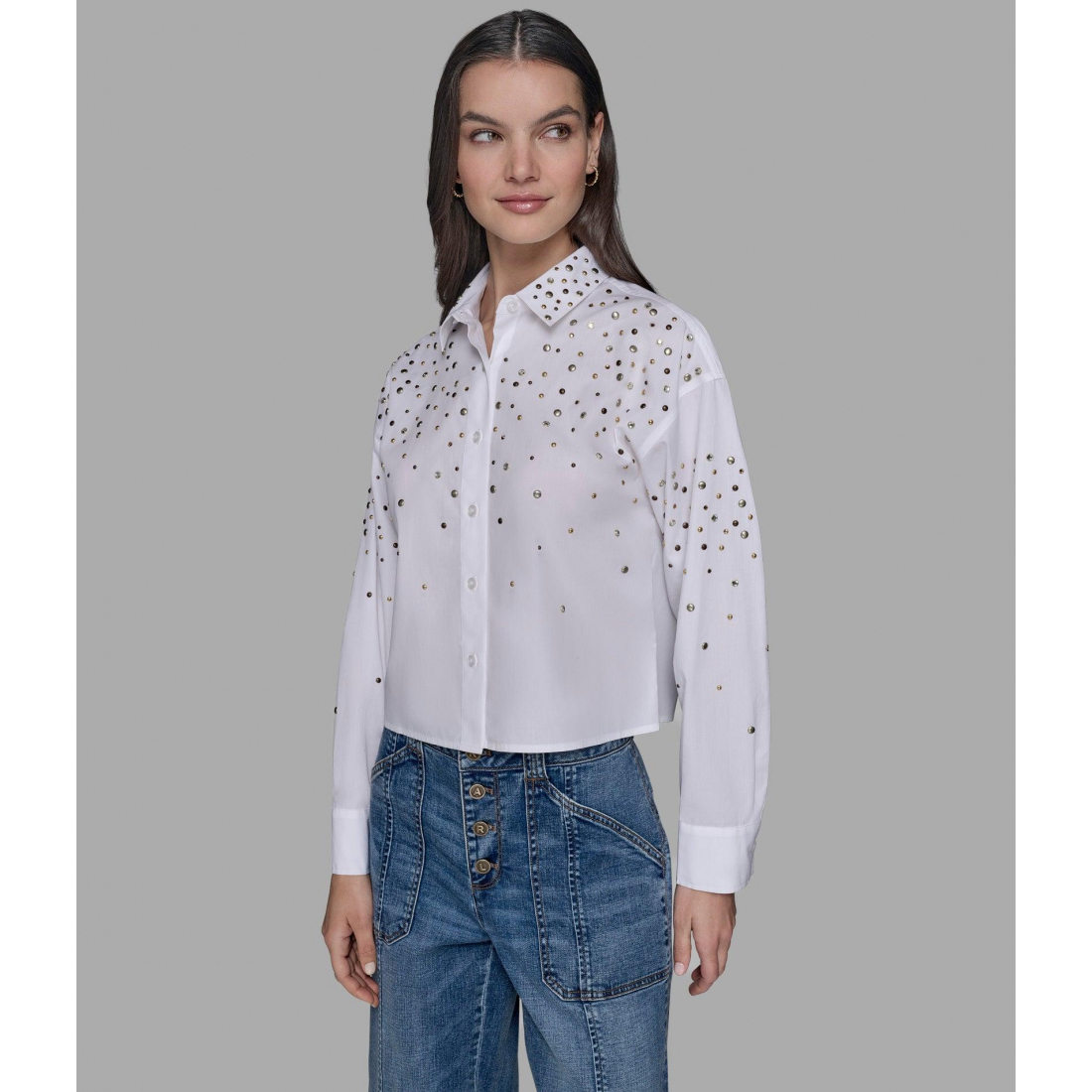 Chemise 'Long Sleeve Crop Studded Poplin' pour Femmes