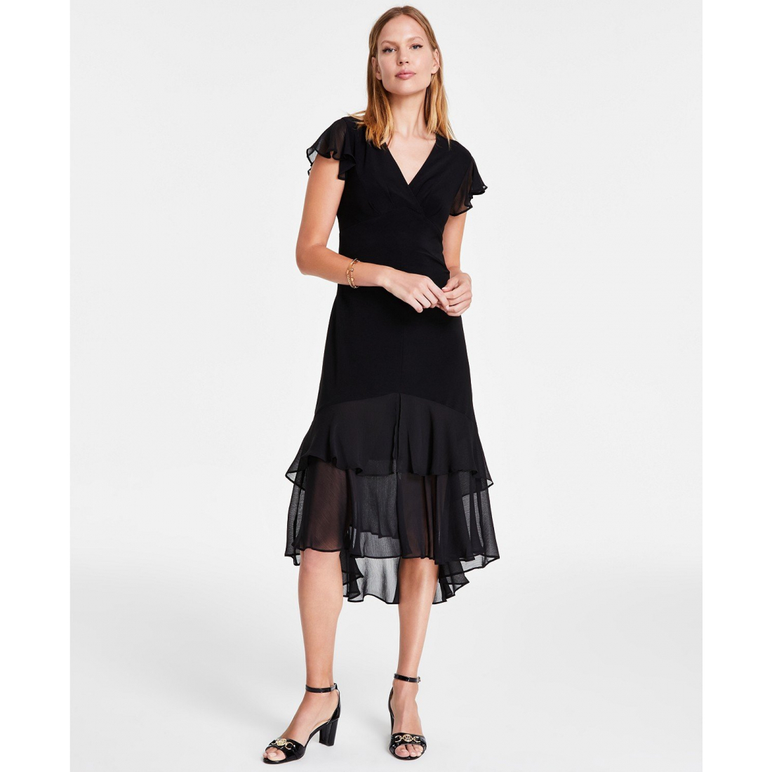 Robe Midi 'V-Neck Chiffon-Trim with Flutter Sleeves' pour Femmes