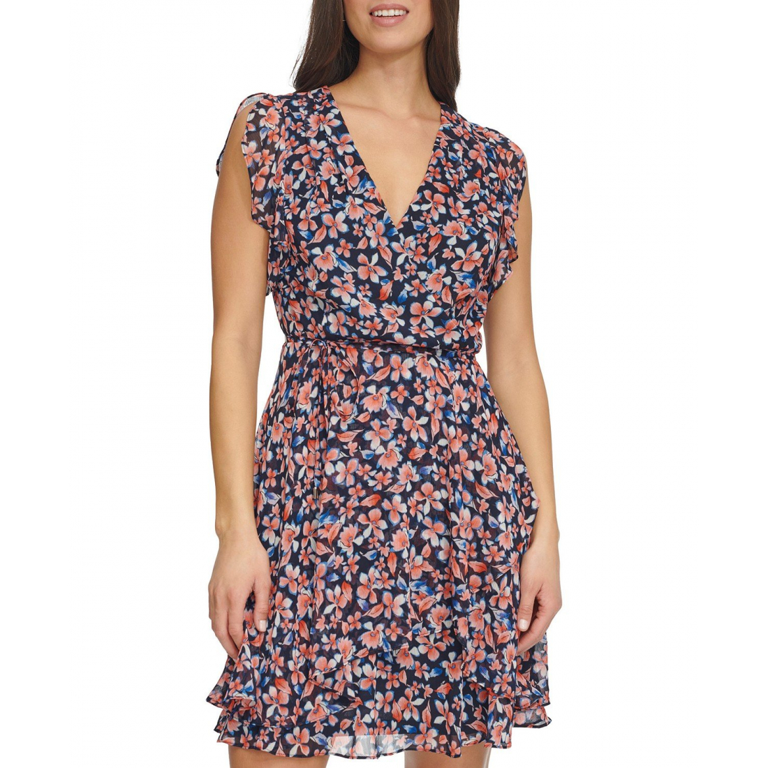 Robe mini 'Flutter-Sleeve Faux-Wrap' pour Femmes