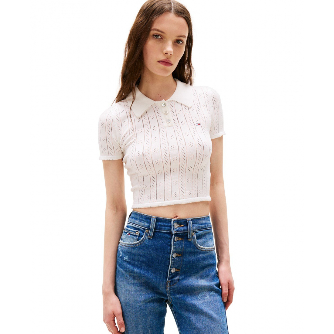 Polo 'Pointelle Cropped' pour Femmes