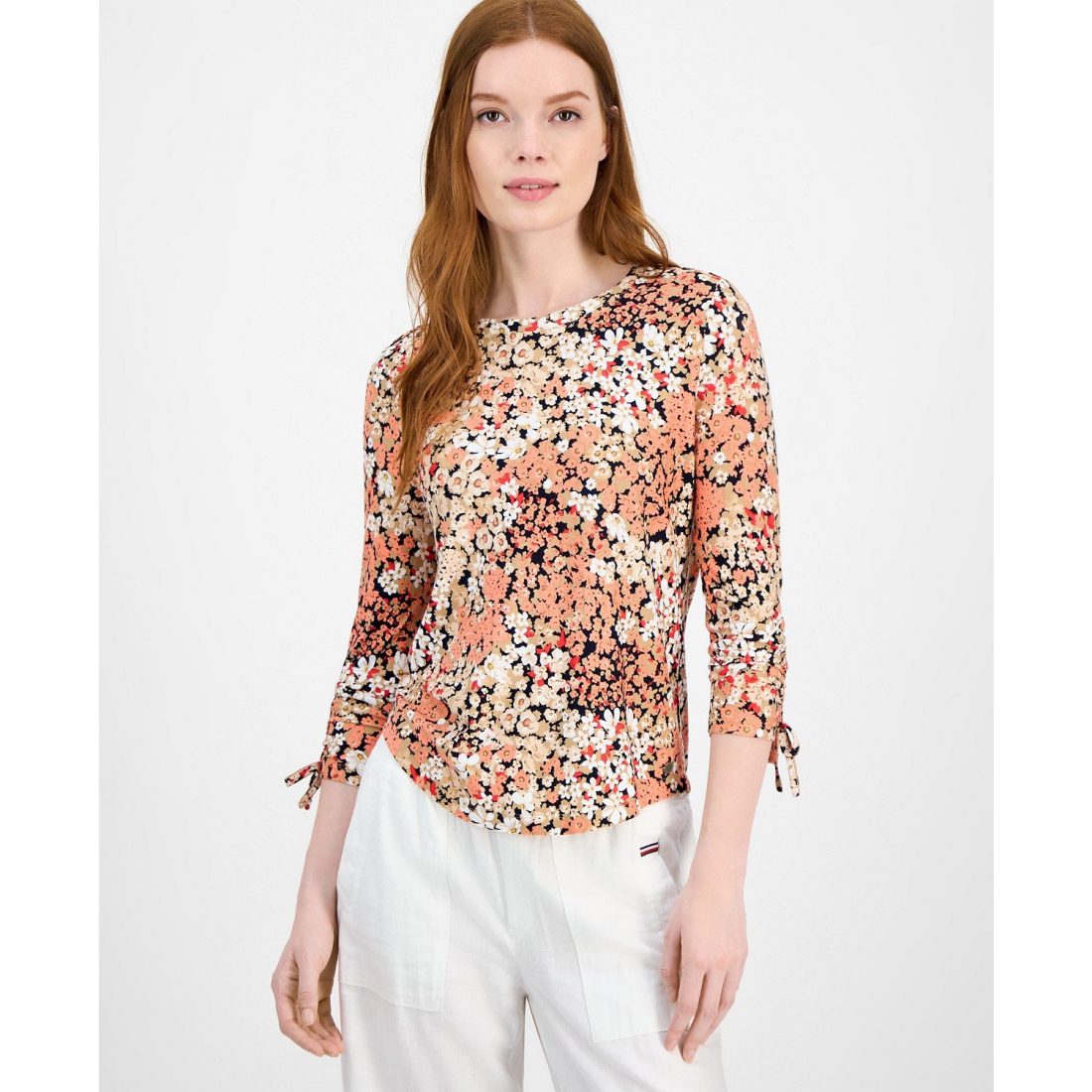Women's 'Floral-Print Ruched-Sleeve' Top