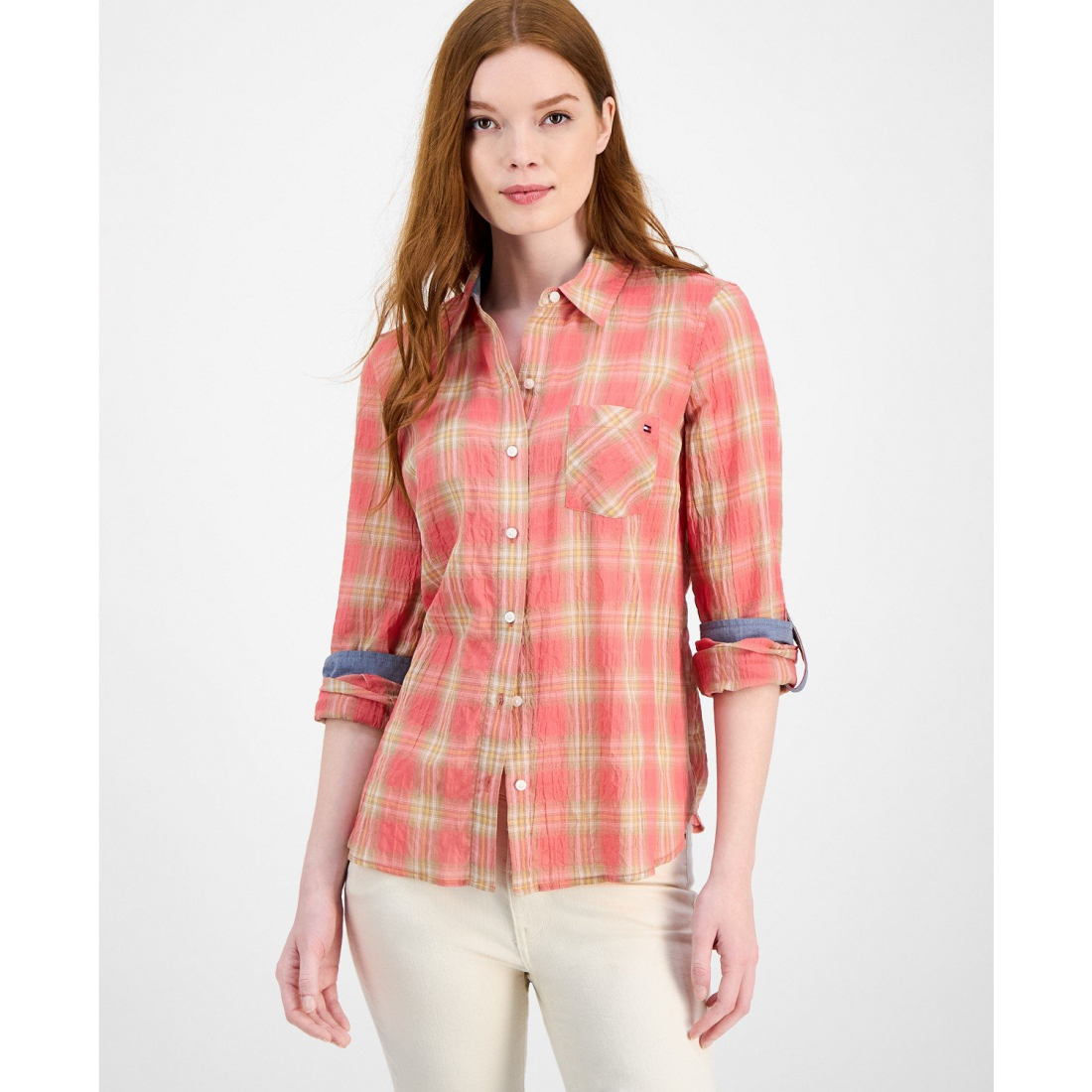 Chemise 'Crinkled Plaid Roll-Tab' pour Femmes
