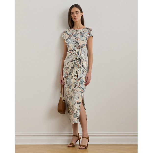 'Tie-Front Print Boatneck' Midi Kleid für Damen