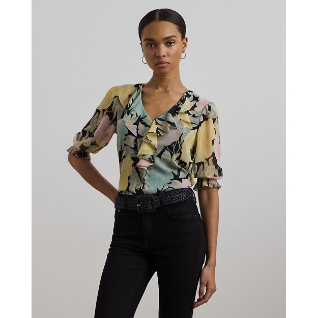 'Floral Ruffle-Trim' Bluse mit Ärmeln für Damen