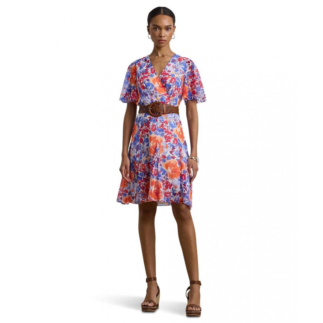 'Floral Crinkle Georgette Surplice' Mini Kleid für Damen