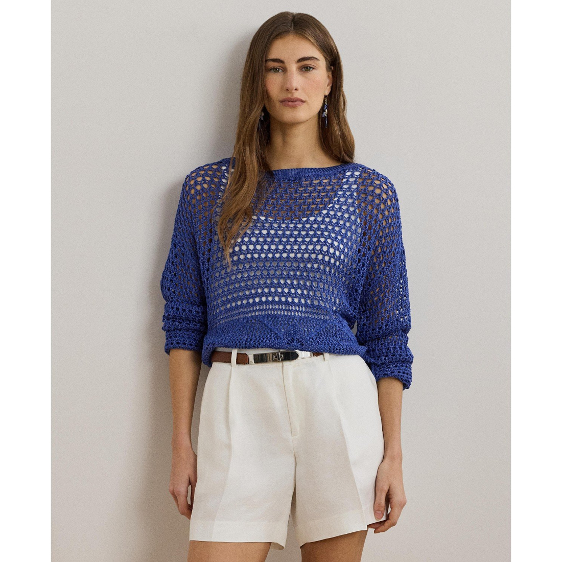 Pull à manches 3/4 'Pointelle-Knit Linen-Blend Sweater' pour Femmes