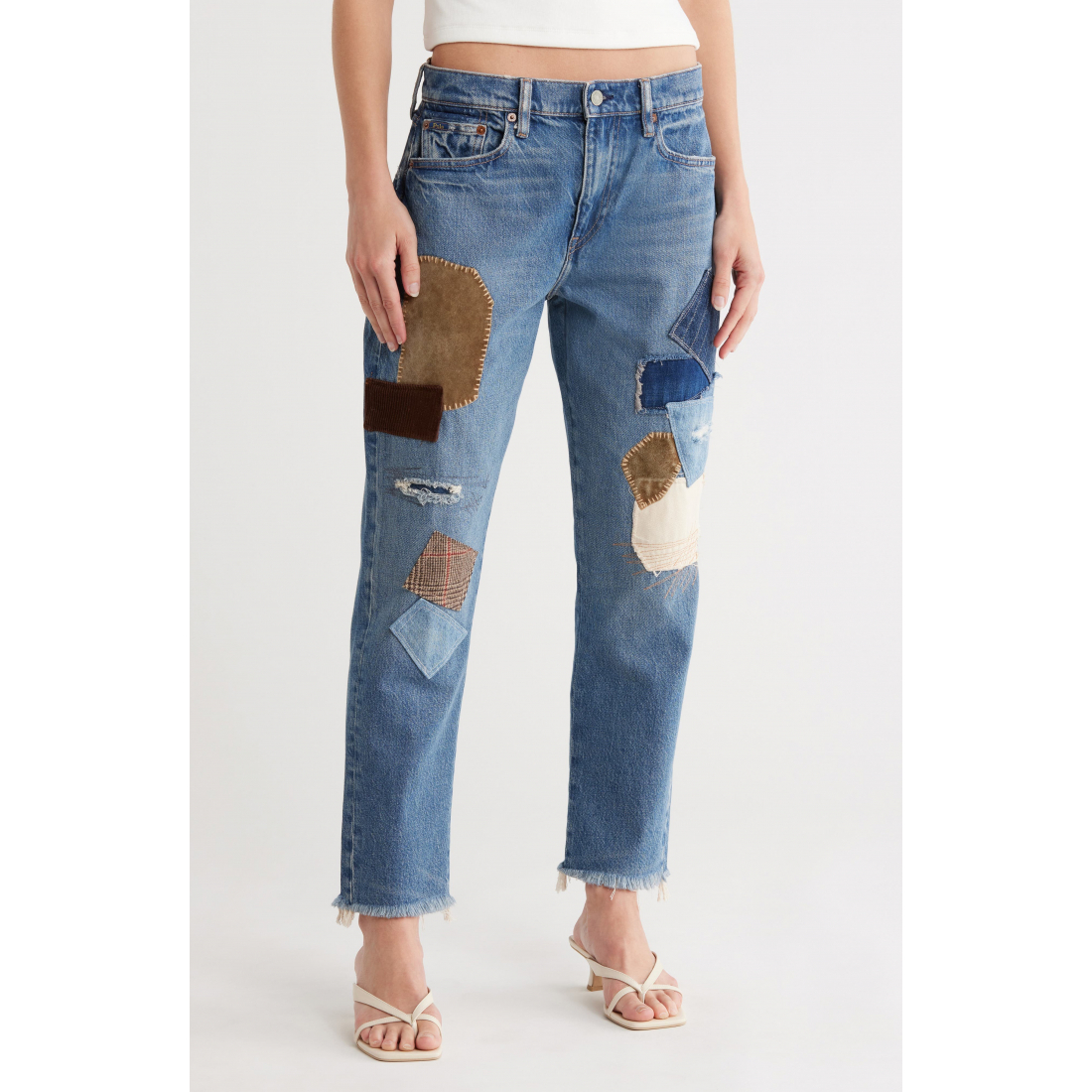 Jeans 'Patched Fray Hem Ankle Straight' pour Femmes