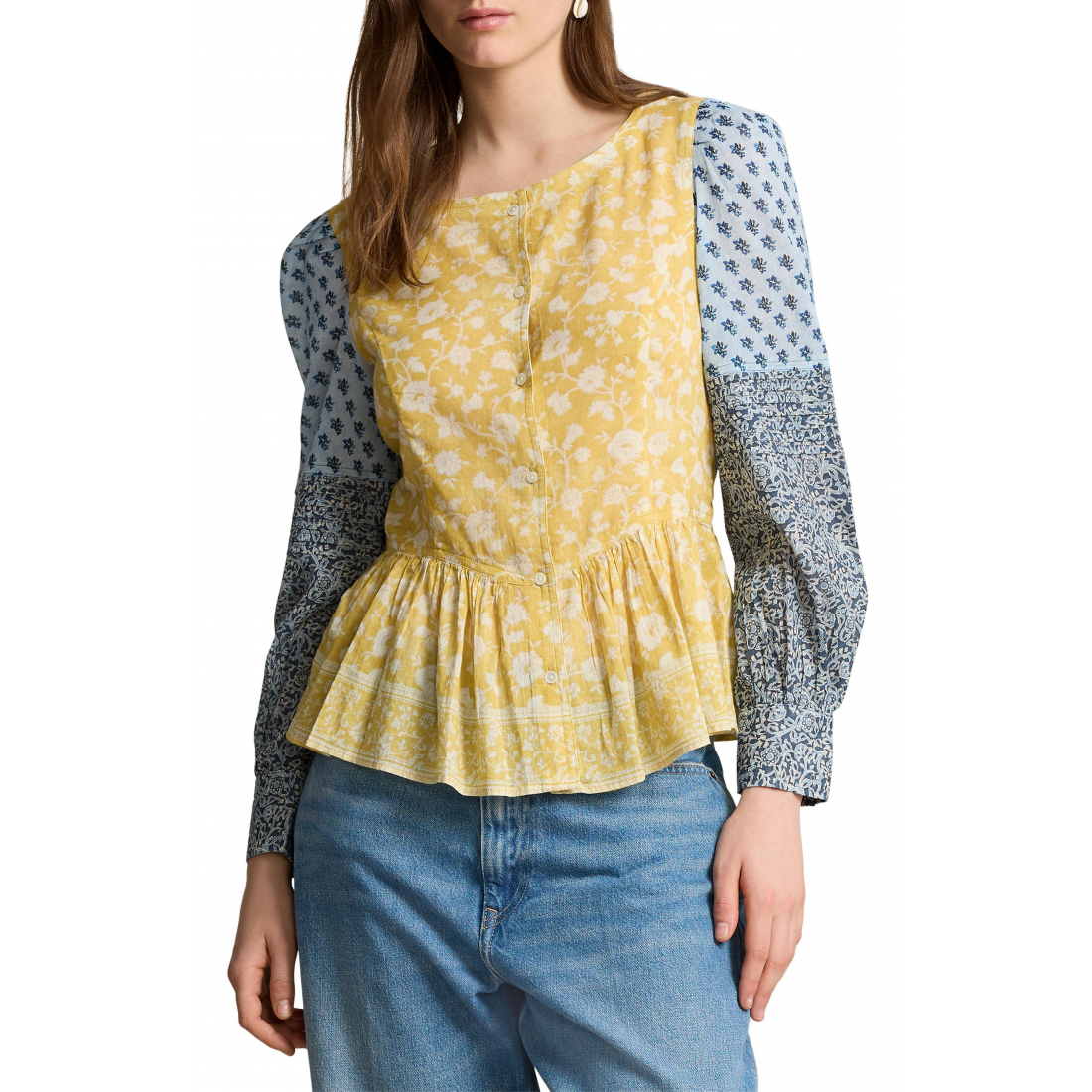 Women's 'Patchwork Button-Up Peplum' Long Sleeve top